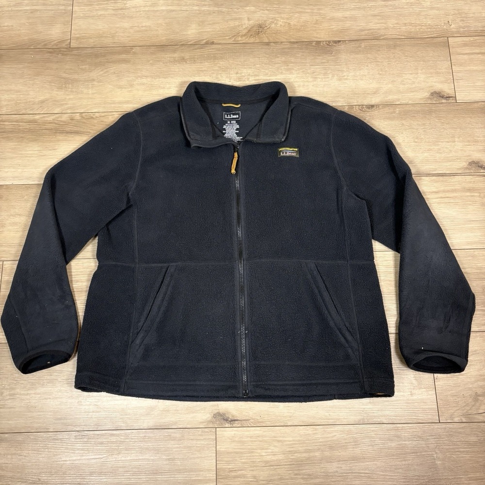 L.L.Bean Jacket Mens XL Gray Black Fleece Full Zip Stand Collar Pockets Outdoor